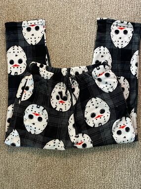 Disney Black Plaid Fleece Pajama Pants with White Mask Faces and Red Accents